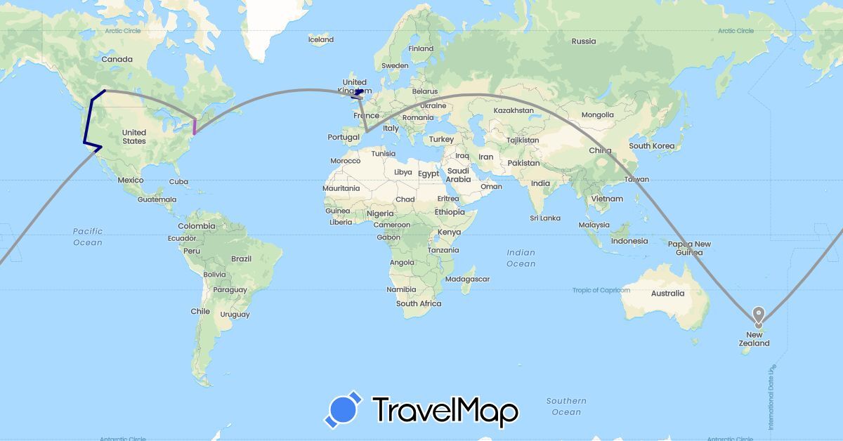 TravelMap itinerary: driving, plane, train in Canada, Spain, United Kingdom, New Zealand, United States (Europe, North America, Oceania)